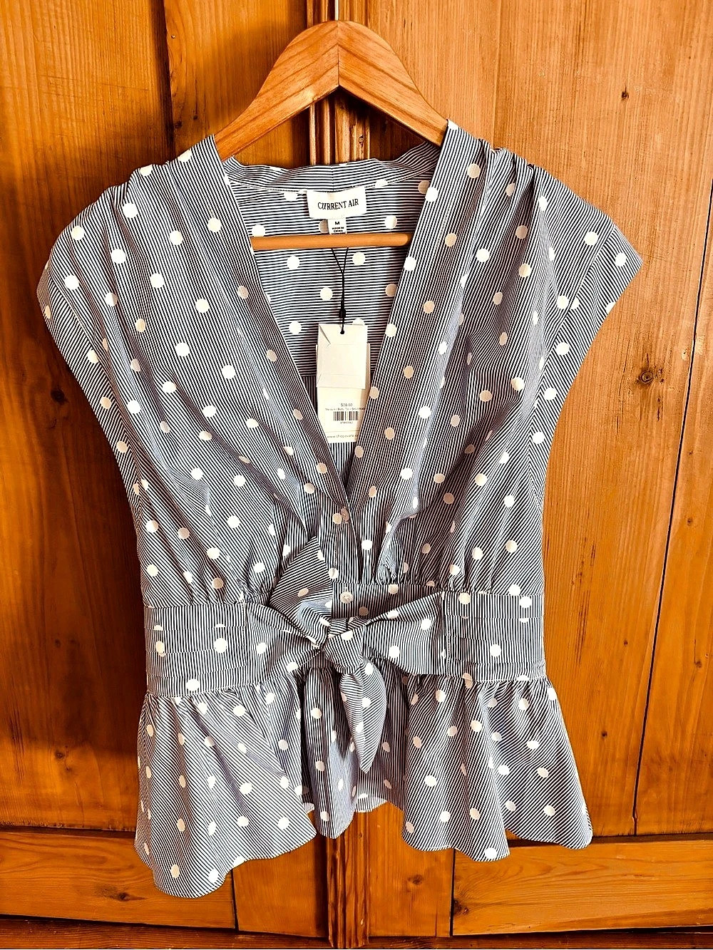 Current Air Betty Top Polka Dot Tie Front Blouse Blue & White Medium NWT